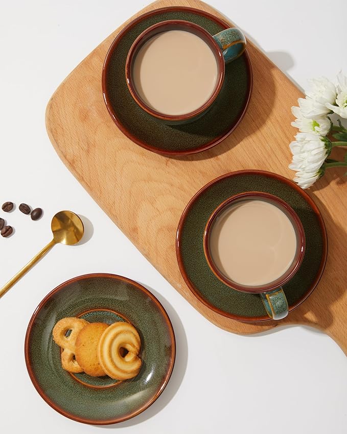 16 Pieces Dinnerware Sets with Coffee Cups with Saucers Brown Green