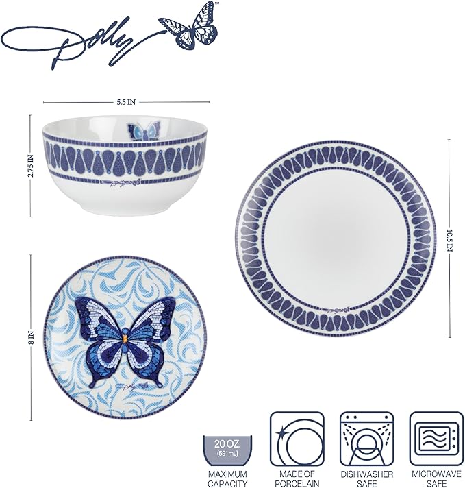 Dolly Parton 12 Piece Jeweled Mosaic Blue Butterfly Dinnerware Set Porcelain Dinner Plates Salad Plates Bowls Service for 4 Microwave Dishwasher Safe