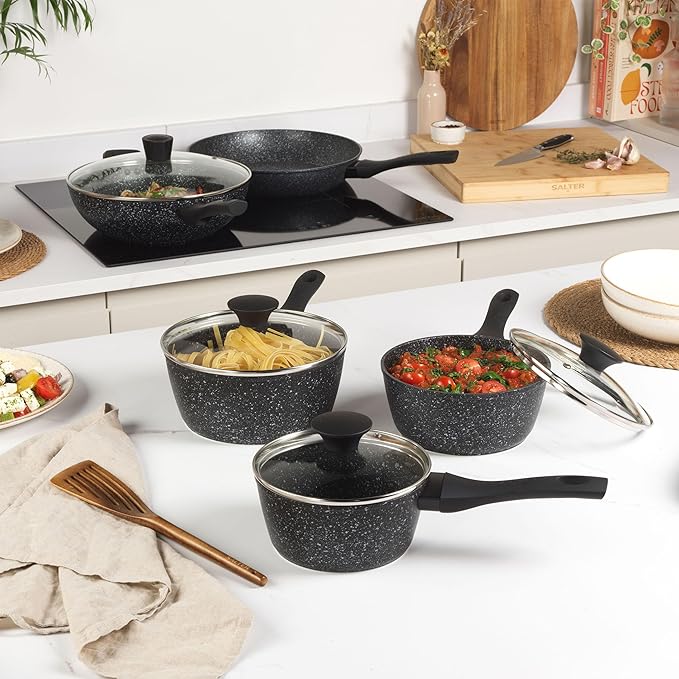 Salter BW06235S Megastone 3 Piece Pan Set Non-Stick Frying Pan Set 20 24 &amp 28 cm Fry Pans Dishwasher &amp Metal Utensil Safe 100% PFOA Free TPR Bakelite handles Induction Hob Suitable