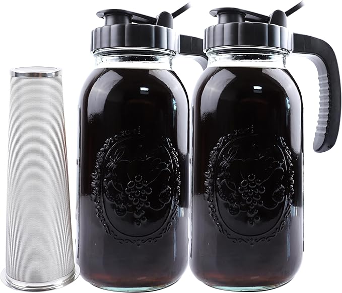 Cold Brew Coffee Maker Half Gallon 2 Set Glass Mason Jar Pitcher With Spout Lid Filter 2 Quart Wide Mouth Iced Tea Brewing Jug Heavy Duty Handle Airtight &amp Leak-Proof Pitcher For Fridge Sun Tea 64