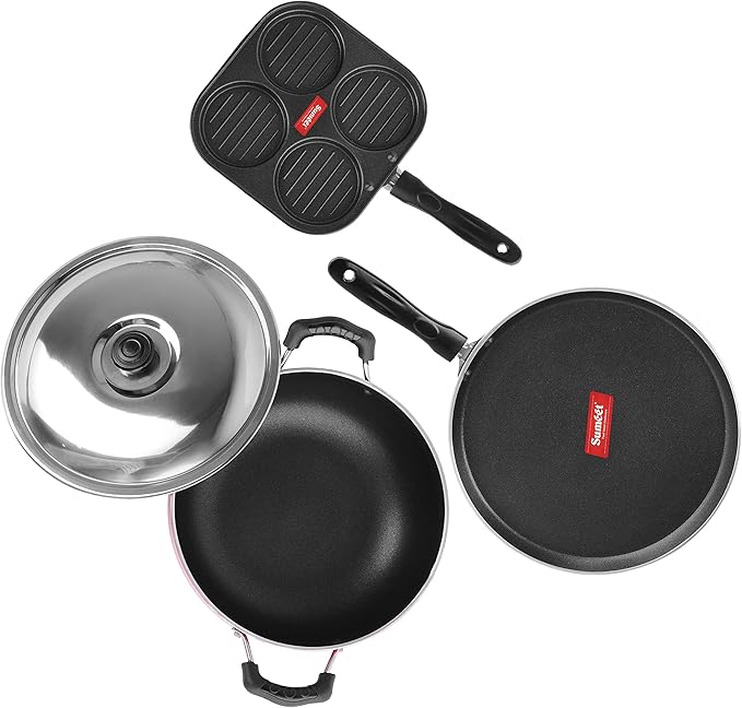 Sumeet 2.6mm Thick Non-Stick Red Blush Combo set (Dosa Tawa – 26.5cm Dia + Multi snack maker – 26.5cm Dia + Kadhai With Lid – 1.5Ltr capacity- 20cm Dia)