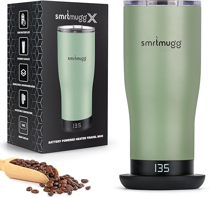 X Heated Coffee Mug 19 oz. 8 Hour Battery Life Self-Heating Adjustable Temp Controlled LCD Screen Includes Cover with Magnetic Slider (Black) (Sage Green)