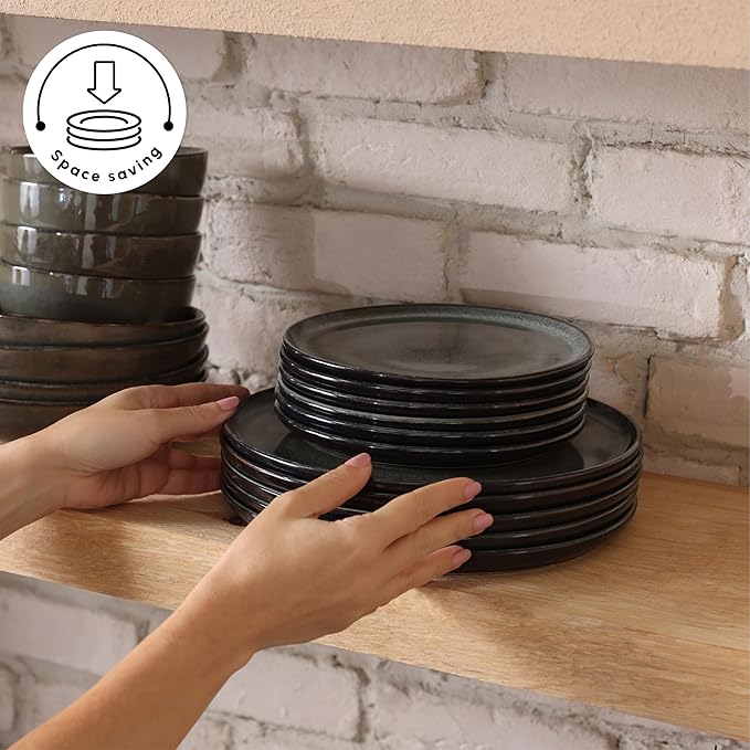 Karaca Fein 24 Piece Reactive Glaze Dinner Set for 6 People Modern Design with Unique Handcrafted Patterns Durable Kitchen Plates and Bowls Sets Stoneware Dinnerware &amp Dishwasher Safe