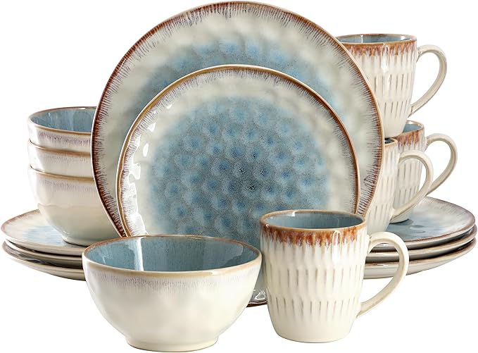 Elama 16 Piece Stonewre Dinnerware/Tableware Set Service for 4 Textured Design Color Rim Place Settings (Leann)