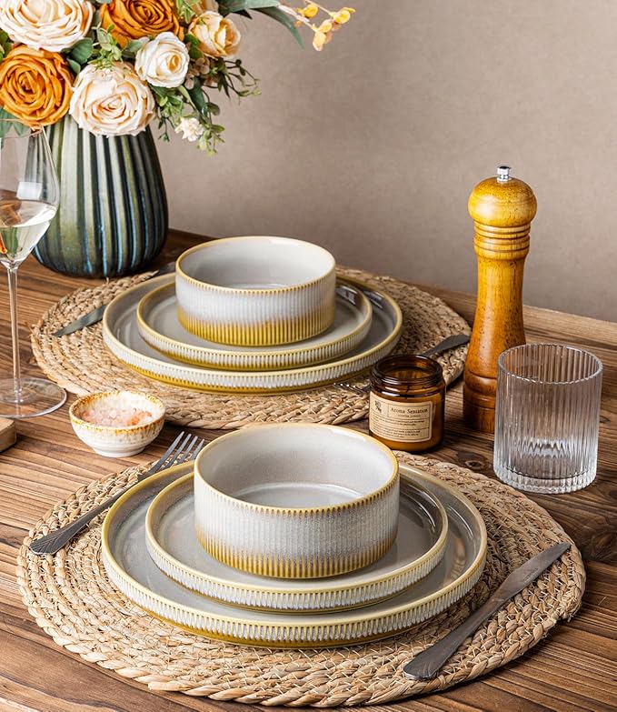 TheTerra Ceramic Dinnerware Sets for 4 12 Pieces Porcelain Lightweight Plates and Bowls Sets Scratch Resistant Dish Set Oven &amp Microwave &amp Dishwasher Safe Autumn Haze