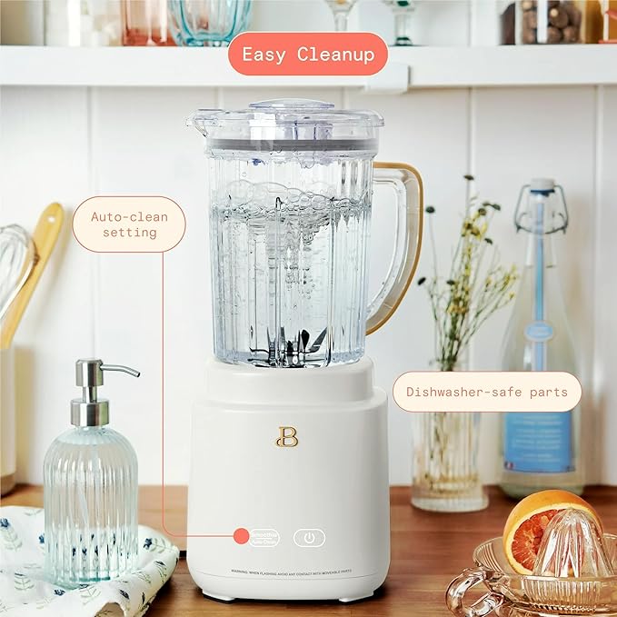 B PowerExact High-Performance 700-Watt Blender System by Drew Barrymore 50-Ounce Pitcher Stainless 4-Tip Blade 3 Speeds + 4 Presets Dishwasher-Safe Parts Travel Cup Included