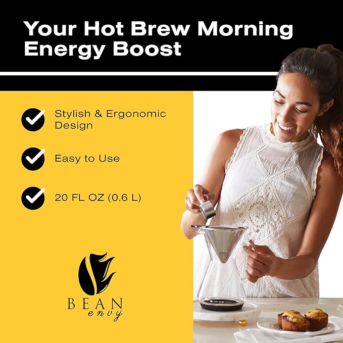 Bean Envy Pour Over Coffee Maker High-Heat Borosilicate Glass with Reusable Stainless Steel Filter Glass Coffee Maker (20 Oz)