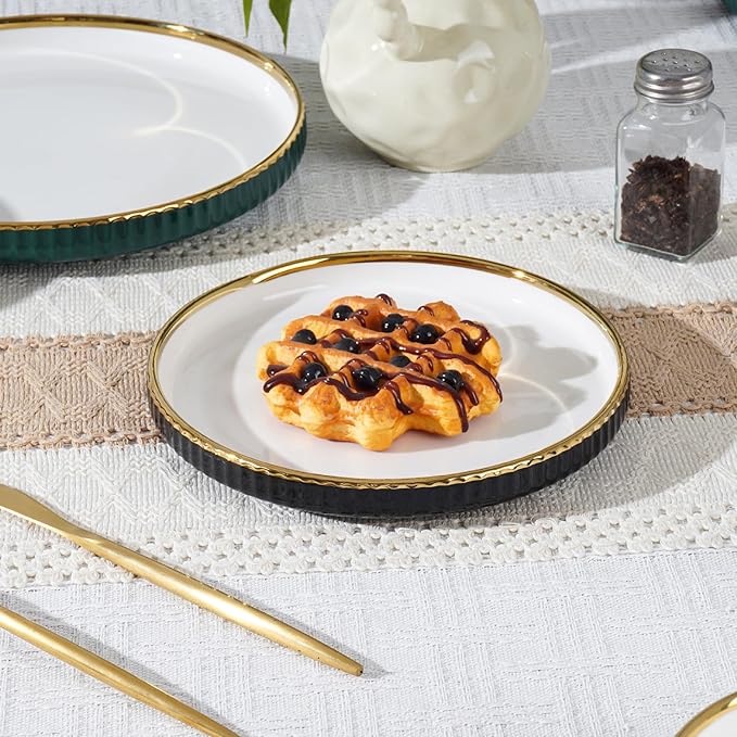 Luxury Black and White Porcelain Dinnerware Set 16 Piece Gold Rim Fluted Rim Design Service for 4 with Plates and Bowls Cups Saucers Dishwasher &amp Microwave Safe Modern (Black)