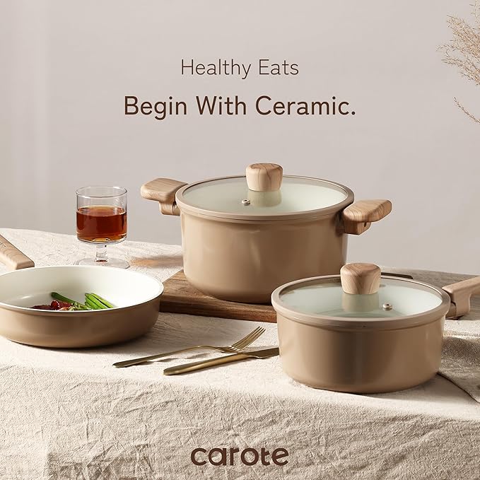 CAROTE 12Pcs Ceramic Pots and Pans Set Non Stick Healthy Cookware Set PFAS/PFOA Free Kitchen Cooking Set with Frying Pans Taupe