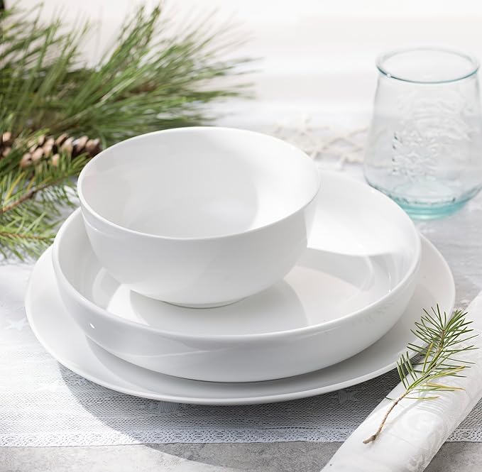Euro Ceramica White Essential 12 Piece Fine Porcelain Double Bowl Dinnerware Set Service for 4