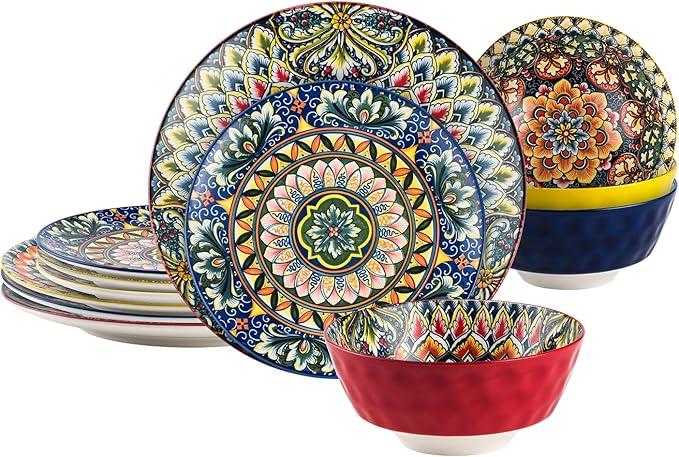 Henten Home Ceramic 12 Pieces Dinnerware Sets Bohemia Dinner Plates Soup Bowls Porcelain Dinnerware Set for 4 Microwave &amp Dishwasher Safe Scratch Resistant