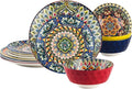 Henten Home Ceramic 12 Pieces Dinnerware Sets Bohemia Dinner Plates Soup Bowls Porcelain Dinnerware Set for 4 Microwave &amp Dishwasher Safe Scratch Resistant