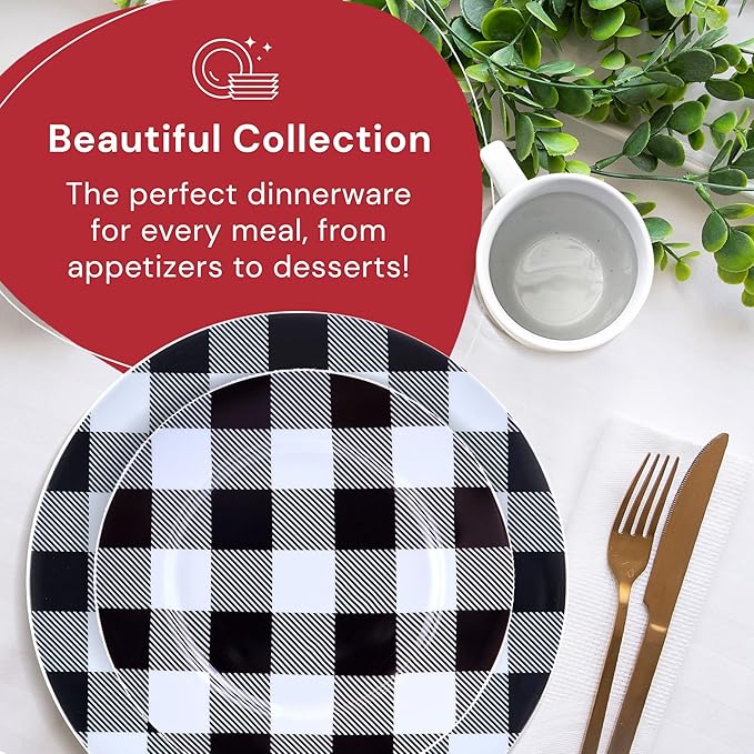 Winter Frost White Black Modern Kitchen Dinnerware Sets Indoor and Plates 16-Piece Plaid Kitchen Plates and Bowls Set with Mugs Dishwasher Safe