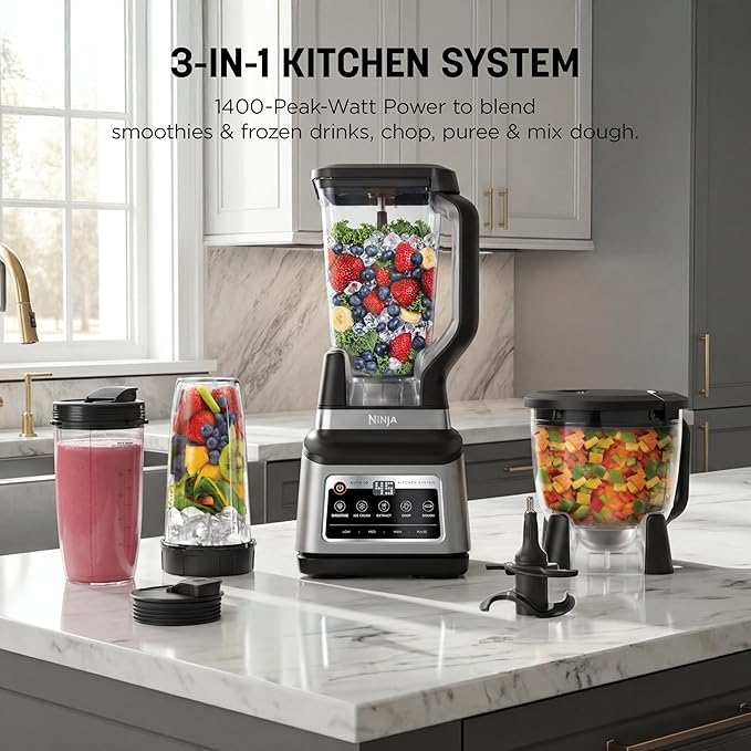 Ninja BN801 Professional Plus Kitchen System 1400 WP 5 Functions for Smoothies Chopping Dough &amp More with Auto IQ 72-oz.* Blender Pitcher 64-oz. Processor Bowl (2) 24-oz. To-Go Cups Grey