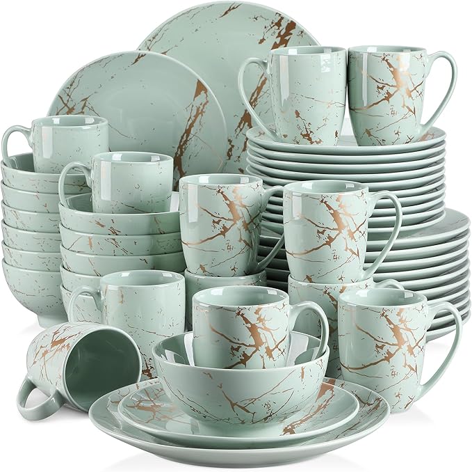 Ceramic Tableware Green 16/32/48 Piece Procelain Dinnerware Set Design by Gold Splash with Dinner PlateCake PlateBowlsCoffee Cups48-Piece