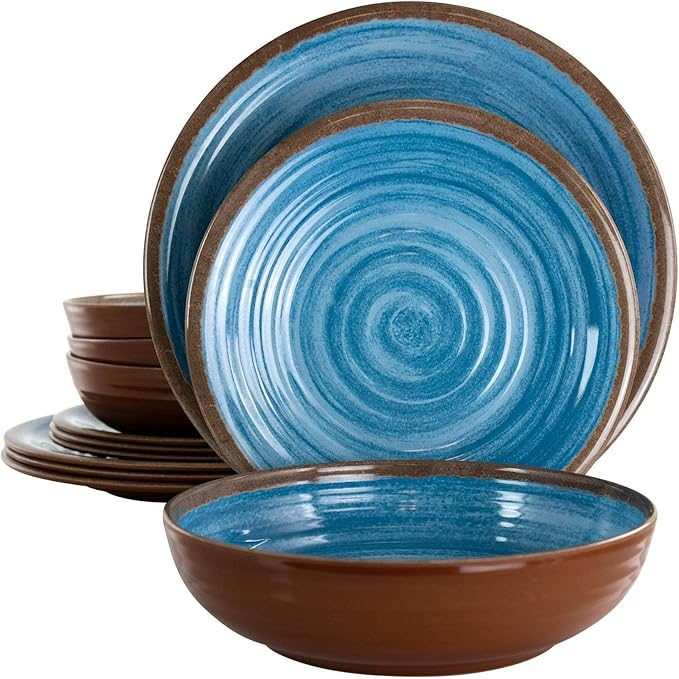 12 Piece Lightweight Melamine Dinnerware Set – Shatter-Resistant Dish Set for 4 with Plates and Bowls – Outdoor &amp Indoor Unbreakable Dinnerware (Blue)