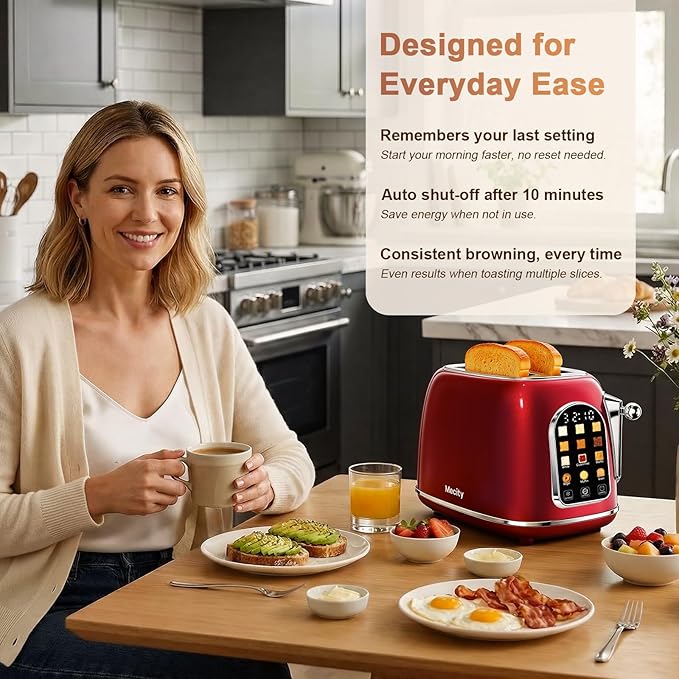 Mecity Toaster 2 Slice Touch Screen Wide Slot Retro Toaster For Breads Bagel Muffin Waffle House Warming Gift New Home 120V 825W Red Pearl