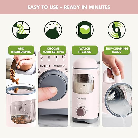 GreenPan Nut Milk Maker 15-in-1 Homemade Soy Almond Oat Coconut Non-Dairy Rice Soup Baby Food BPA-Free Smooth Creamy Texture Self Clean Barista Quality Milk Delay Start Boil Water Pink