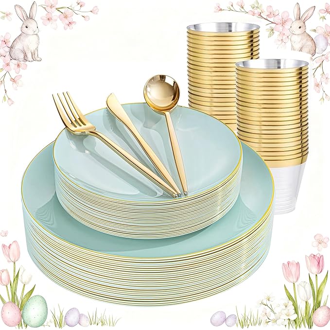 bUCLA 150PCS Green Plastic Plates - Sage Green with Gold Rim Disposable - Include 25 (Dinner &amp Dessert) Plates 25 Knives 25 Forks 25 Spoons and 25 Cups for Party Easter &amp Spring