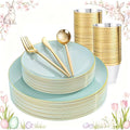 bUCLA 150PCS Green Plastic Plates - Sage Green with Gold Rim Disposable - Include 25 (Dinner &amp Dessert) Plates 25 Knives 25 Forks 25 Spoons and 25 Cups for Party Easter &amp Spring