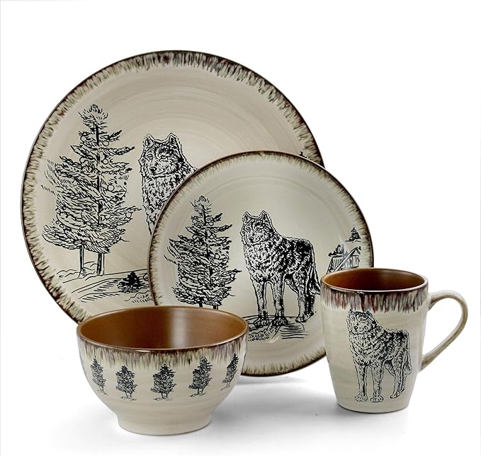 Misc Wolf 16 Piece Round Stoneware Dinnerware Set in Taupe Tan Animal Casual Microwave Safe
