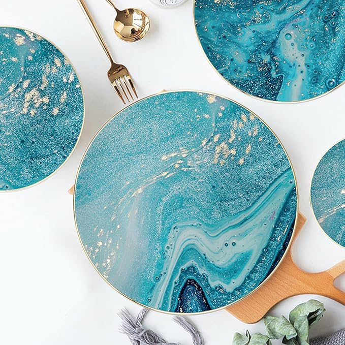 Romantic countryside Bone China Dinnerware Sets Service for 6Delicate afternoon tea Dinnerware SetSteak Dinner Plates Dish Set Includes coffee cupBlue Ocean