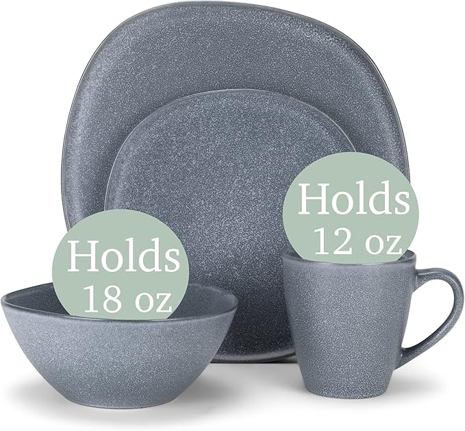 Elanze Designs 16-Piece Modern Luxury Chic Smooth Vintage Handmade Shape Matte Finish Ceramic Stoneware Square Plate Mug &amp Bowl Kitchen Dinnerware 16 Piece Set - Service for 4 Dove Grey