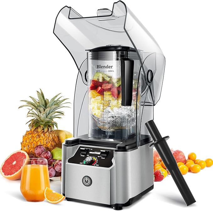 WantJoin Commercial Professional Blender With Shield Quiet Sound Enclosure 2200W Industries Strong and Quiet Professional-Grade Power Self-Cleaning Silver