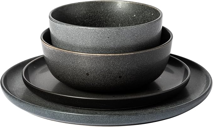Gibson Elite James Street Stoneware Matte Reactive Double Bowl Dinnerware Set - Truffle Grey Service for 4 (16pcs)