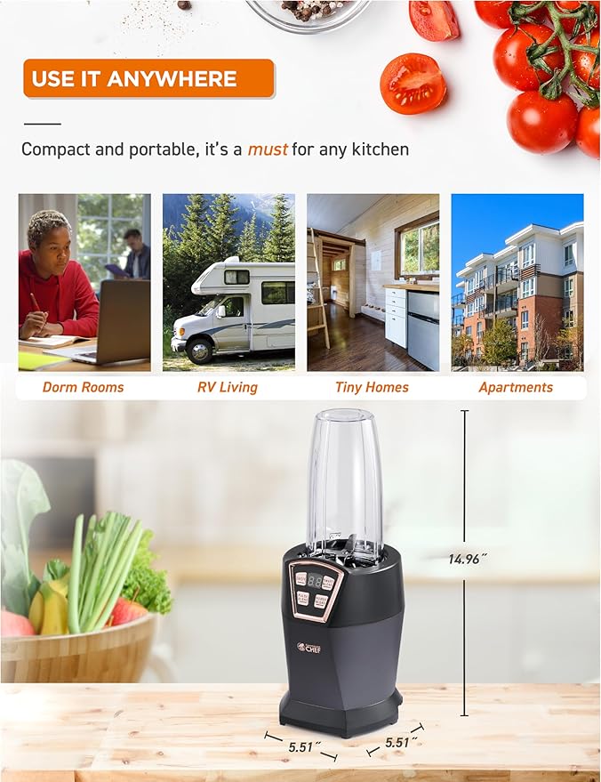 COMMERCIAL CHEF Personal Blender With 3 Modes for Smoothies Shakes &amp More - 1000W With 6 Stainless Steel Blades and LED Display