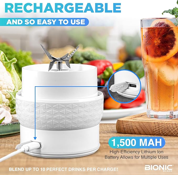 Bionic Blade Personal Portable Blender 26.5 oz with Extra Shaker &amp Lid Cordless &amp Rechargeable Airtight Mini Blender for Smoothies Shakes Juices &amp Sauces White As Seen on TV