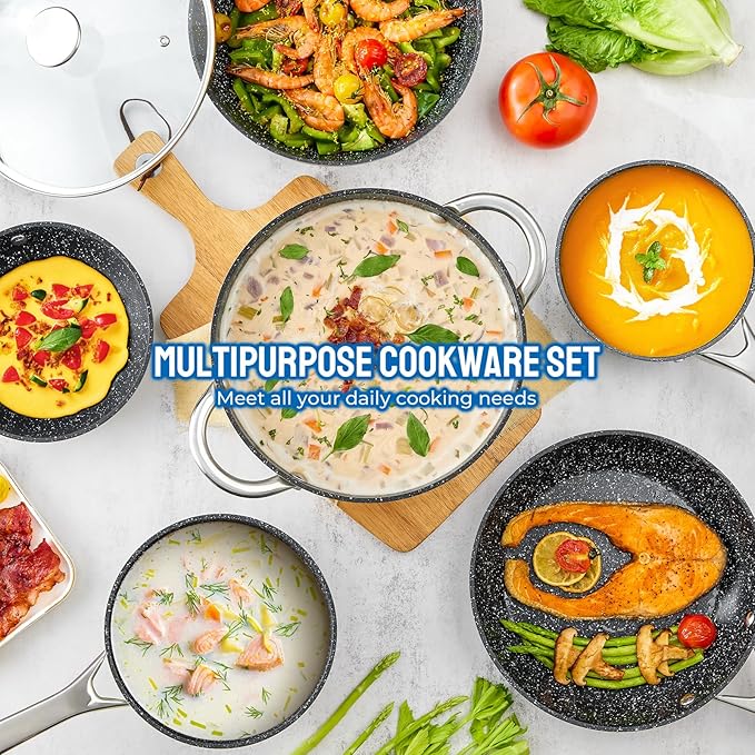Induction Cookware Nonstick BEZIA Pots and Pans Set for Induction Cooktop Compatible with All Stoves Dishwasher Safe Kitchen Cooking Pan Set with Frying Pans Saucepans &amp Stockpot 10-Piece (Gr