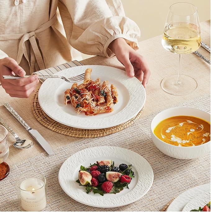KINGSTONE Dinnerware Sets 12-Piece Matte Marble Pattern Premium Porcelain dishes set Plates and Bowls Sets for 4 Place Setting with Dinner Plate Salad Plate Pasta Bowl (White)