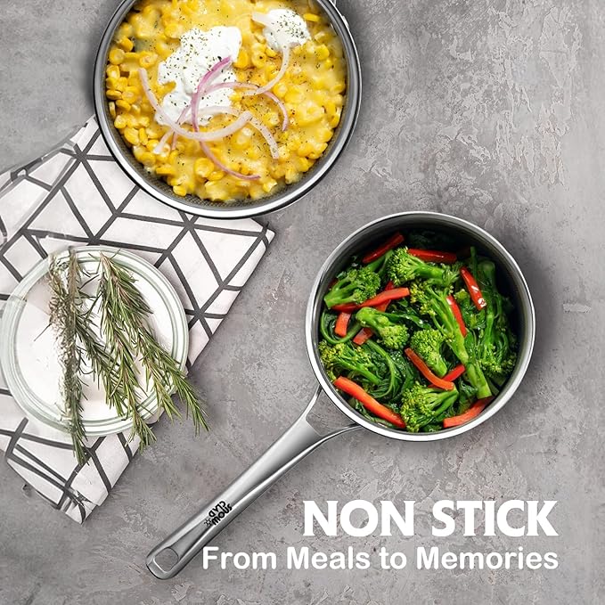 Sauce pan with lid1.5 Quart Hybrid Nonstick Sauce pans set Stainless Steel cookwarenon stick Pots PFOA FreeWorks on InductionCeramic and Gas Cooktops