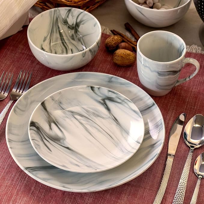 16 Piece Stoneware Dinnerware Set – Marble Pattern Dishes Dishwasher &amp Microwave Safe Tableware Service for 4 Elegant Glazed Dinner Plates and Bowls (Black and White)