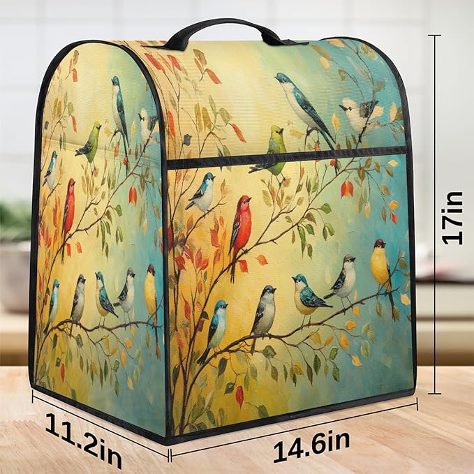 Kitchen Aid Mixer Cover Color Birds Leaves Animal Stand Mixer Cover Compatible with 6-8 Quarts Stand Mixers Dust Covers with Zipper Pocket Foldable Washable Kitchen Aid Organizer Bag