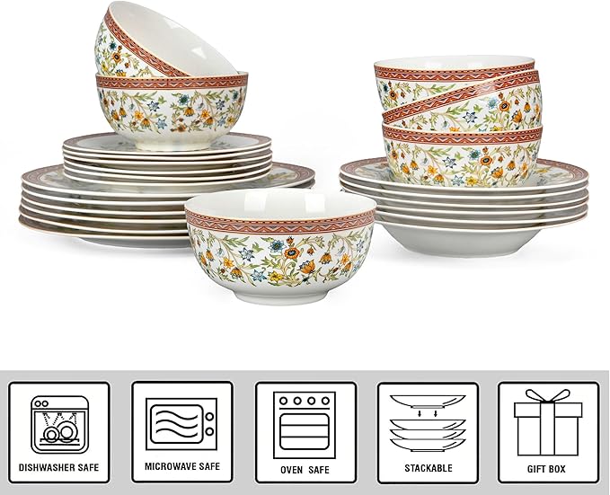 Bone China Dinnerware Set of 16 for 4 pers. Plates and Bowls Sets Dish Set Dinner Plates Set Dishes Set of 16 Stoneware Dinnerware (Fleurs des Prairies)