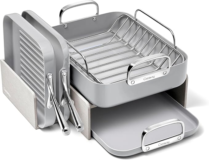 Caraway Square Cookware Set - Square Pans Set - Perfect for Griddling Toasting Searing Roasting and More - Non-Stick Ceramic Coated Pans - Non Toxic PTFE &amp PFOA Free - Gray