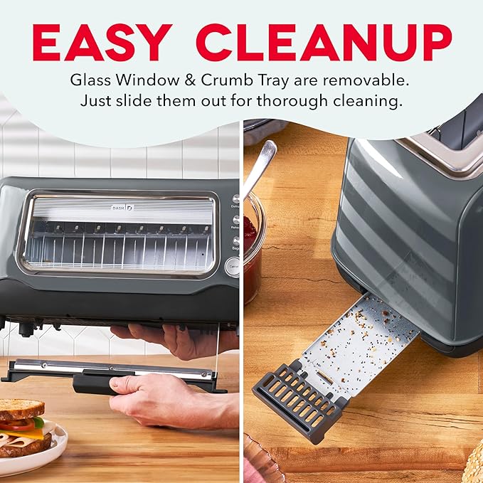 DASH Clear View Toaster: Extra Wide Slot Toaster with See Through Window - Defrost Reheat + Auto Shut Off Feature for Bagels Specialty Breads &amp other Baked Goods - Grey