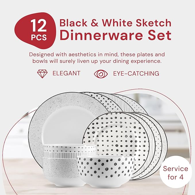 Pemberly Row 12-Piece Porcelain Dinnerware Set Black and White Sketch Includes Dinner Plates Salad Plates Bowls Chip Resistant Lightweight Dishwasher and Microwave Safe Stylish Dining Table