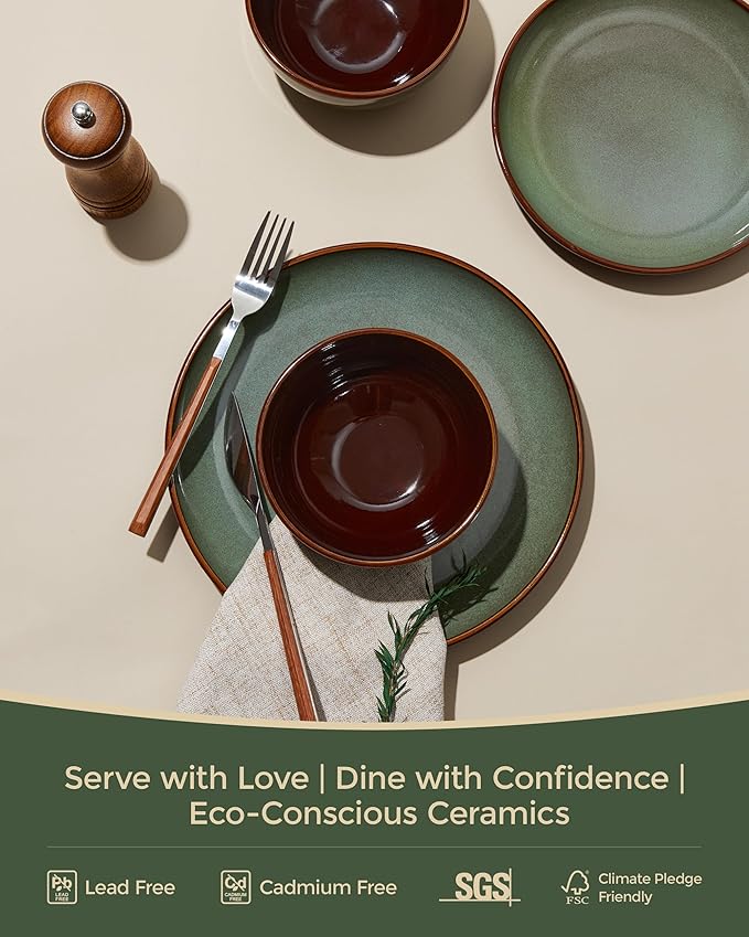 36 Piece Stoneware Dinnerware Sets Ceramic Plates and Bowls Set Microwave &amp Dishwasher Safe Kitchen Dish Set Modern Dinner Salad Plates | Cereal Bowls for 12 Dishware Sets Sage Green