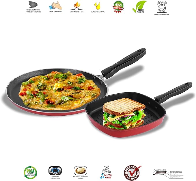 Sumeet Berry Aluminium Cookware Set 1.1 L 1 Dosa Tawa1 Grill Pan (Red)