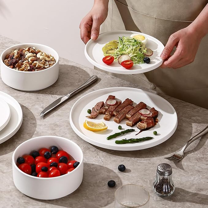 GZG Classic Series - Plates and Bowls Set for 6 18 Piece Stoneware Dinnerware Sets Microwave and Dishwasher Safe Lead-Free Handcrafted Ceramic Dishes Set - Ivory White