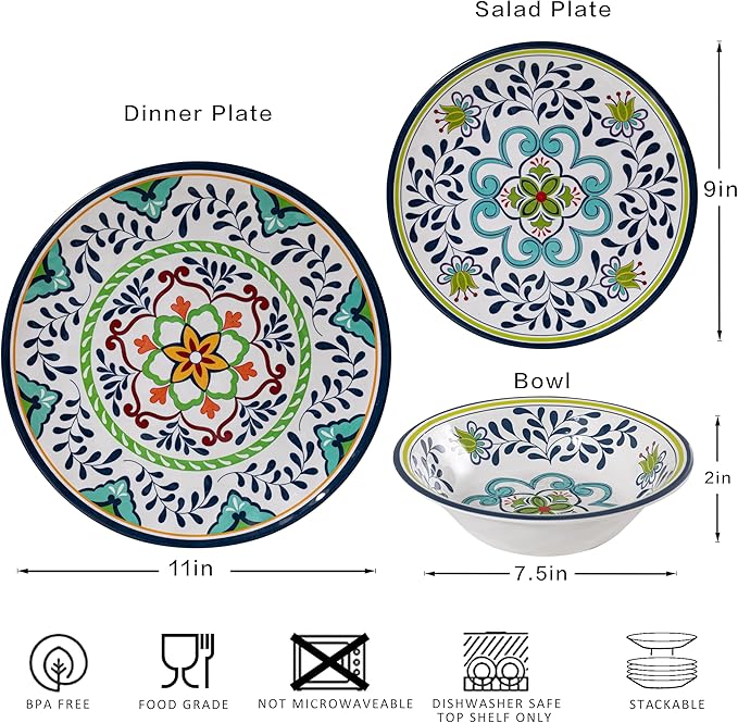 12 pcs Talavera Melamine Dinnerware Set Service for 4 Melamine Plates and Bowls Set Unbreakable Dishes Dinnerware Set Great for RVs Camping BPA Free and Dishwasher Safe