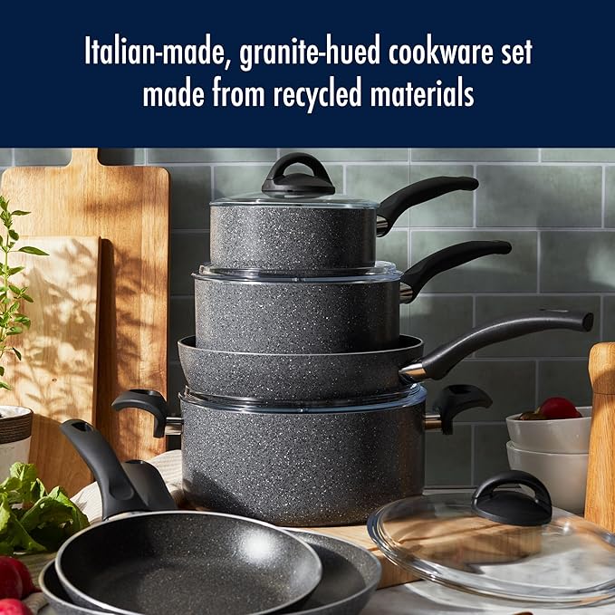 Henckels Everlift Granite 10-Piece Nonstick cookware set Made in Italy durable 3-layer granite-hued nonstick coating from recycled materials Oven safe to 400°F Dishwasher safe