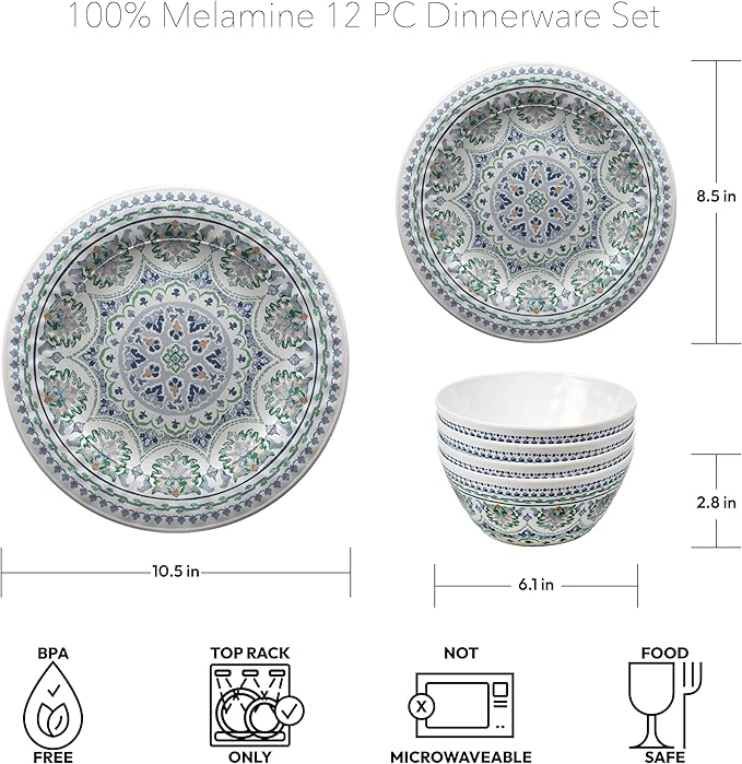 Blue Medallion 12-Piece Melamine Dinnerware Set