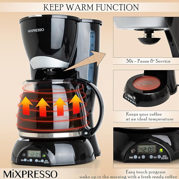 Mixpresso 8-Cup Drip Coffee Maker Programmable Coffee Pot Machine Including Reusable &amp Removable Coffee Filter Black Electric Coffee Maker