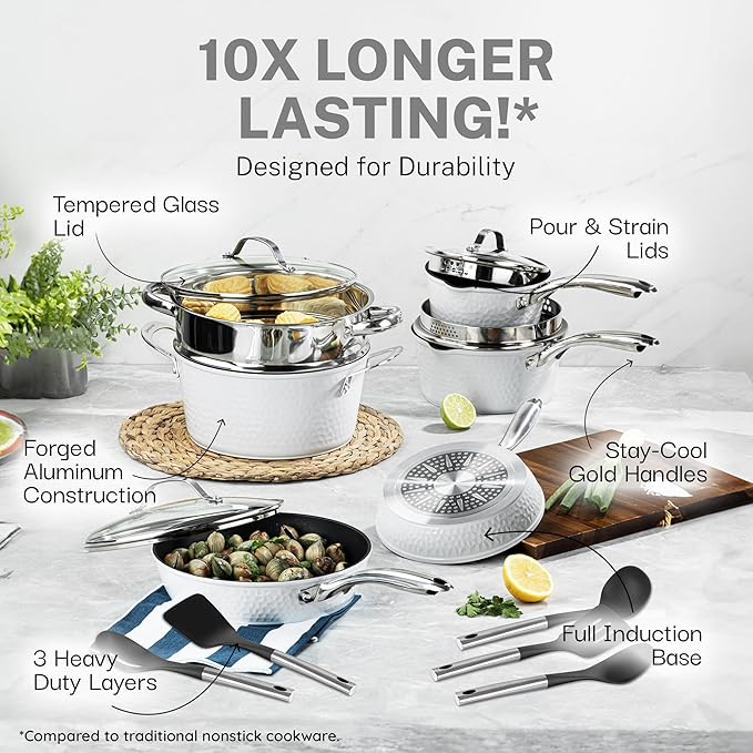 Granitestone 15 Piece Pots and Pans Set Nonstick Cookware Set Pot and Pan Set Kitchen Cookware Sets Induction Cookware Set Frying Pan Set Pot Set Induction Cookware Dishwasher Safe Cream White