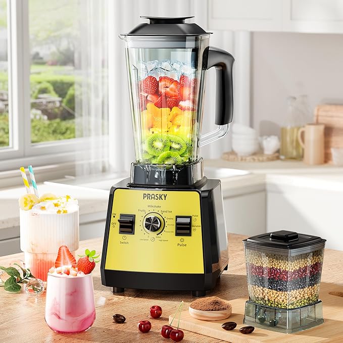 Blenders for Kitchen Smoothie Blender 2400W/1000W Prasky Blender &amp Grinder Combo 25000 RPM High Speed 68oz BPA-Free Food Processor Countertop Blender for Smoothies Shakes &amp Food (Yellow