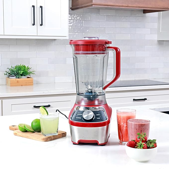 Kenmore Countertop Blender – Electric Mixer for Smoothies Ice Crush &amp Pulse Function Heavy Duty Tritan plastic Pitcher licuadora With 6 Speed Kitchen Appliance Dishwasher-Safe Jar Red